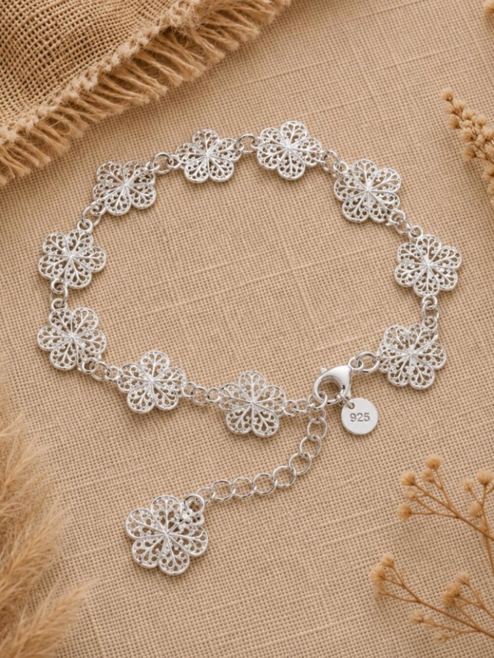 925 Sterling Silver Flat Flower Dangle Charm Bracelet